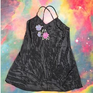 Black‎ Vintage Floral Embroidered Lingerie Slip Dress Nightgown